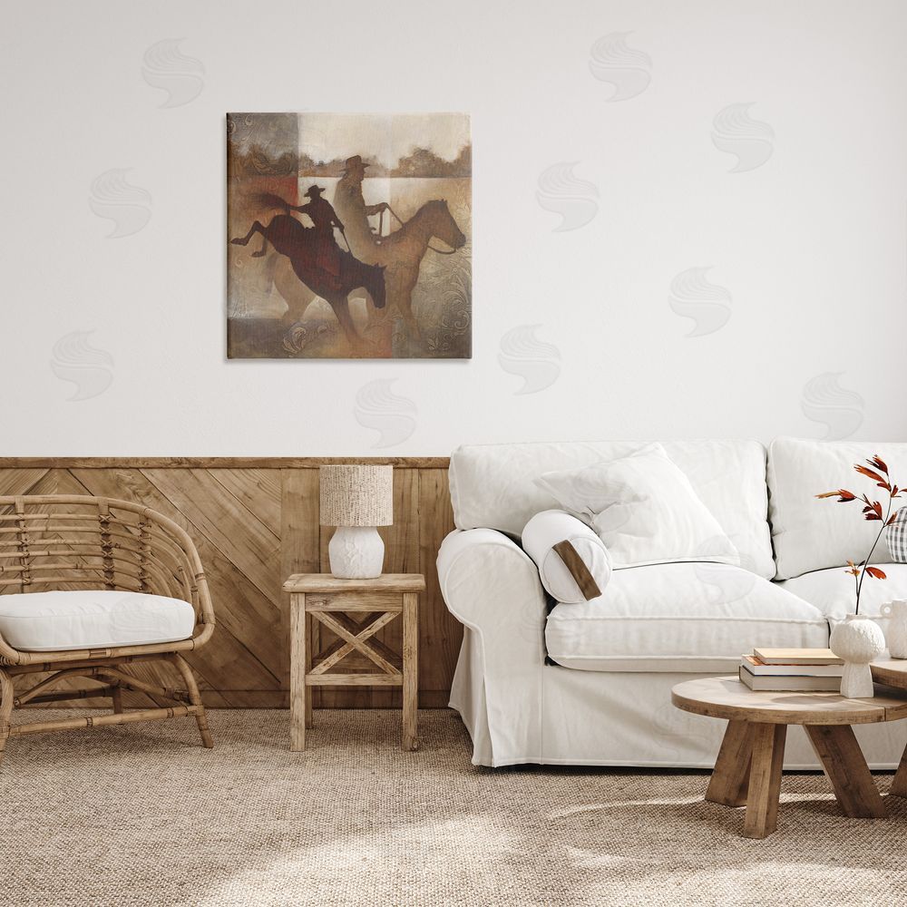 White Ladder Rustic Cowboy Silhouettes Canvas Wall Art in Room