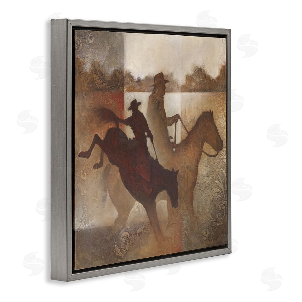 White Ladder Rustic Cowboy Silhouettes Gray Floating Frame Canvas Wall Art Print