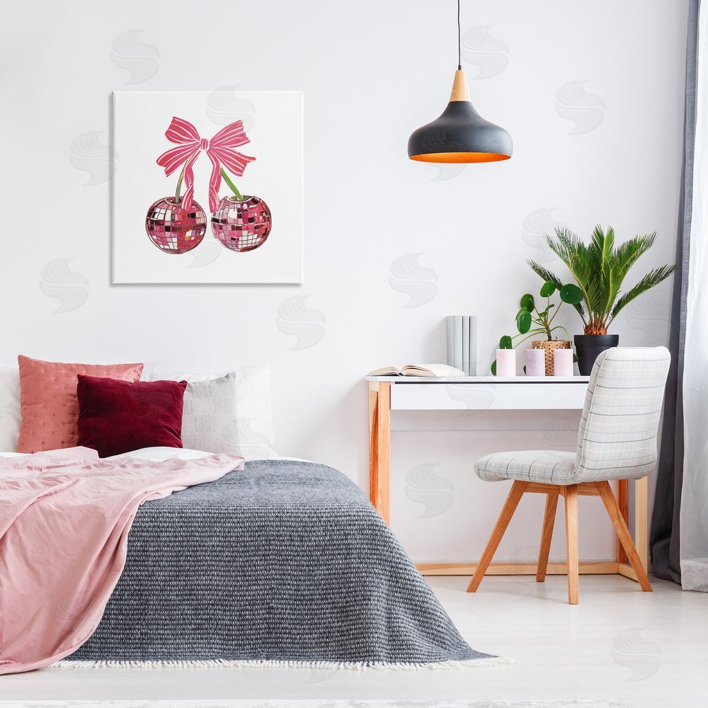 Amelia Noyes Cherries & Striped Bow Canvas Wall Art in Room