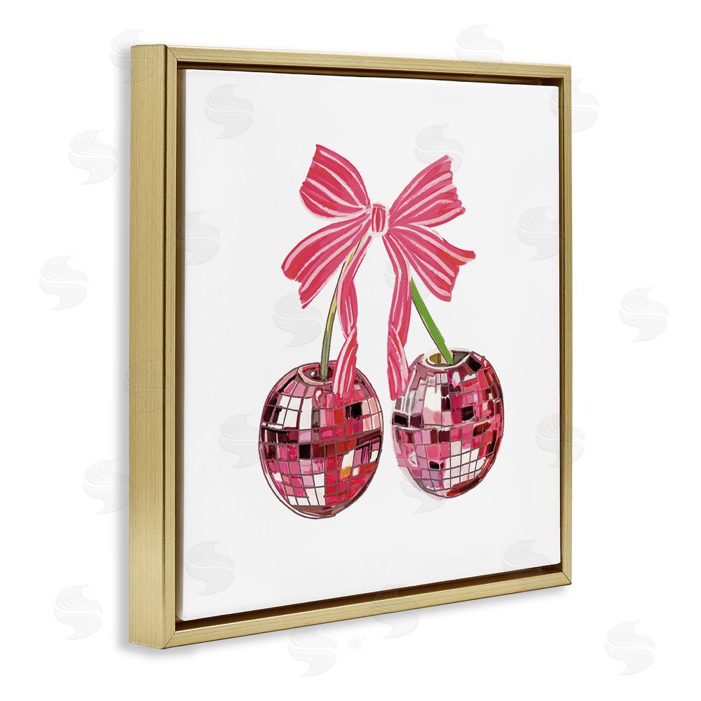 Amelia Noyes Cherries & Striped Bow Gold Floating Frame Canvas Wall Art Print