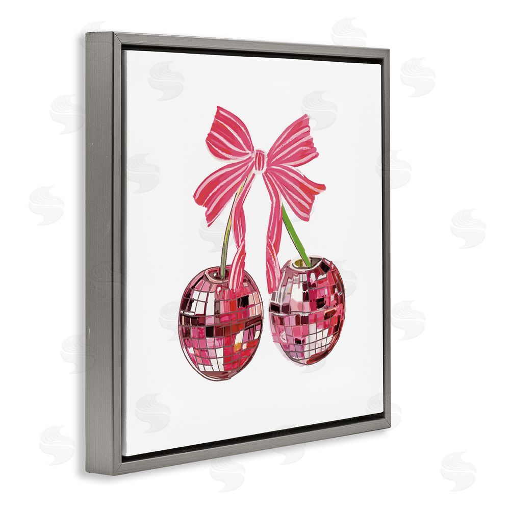 Amelia Noyes Cherries & Striped Bow Gray Floating Frame Canvas Wall Art Print