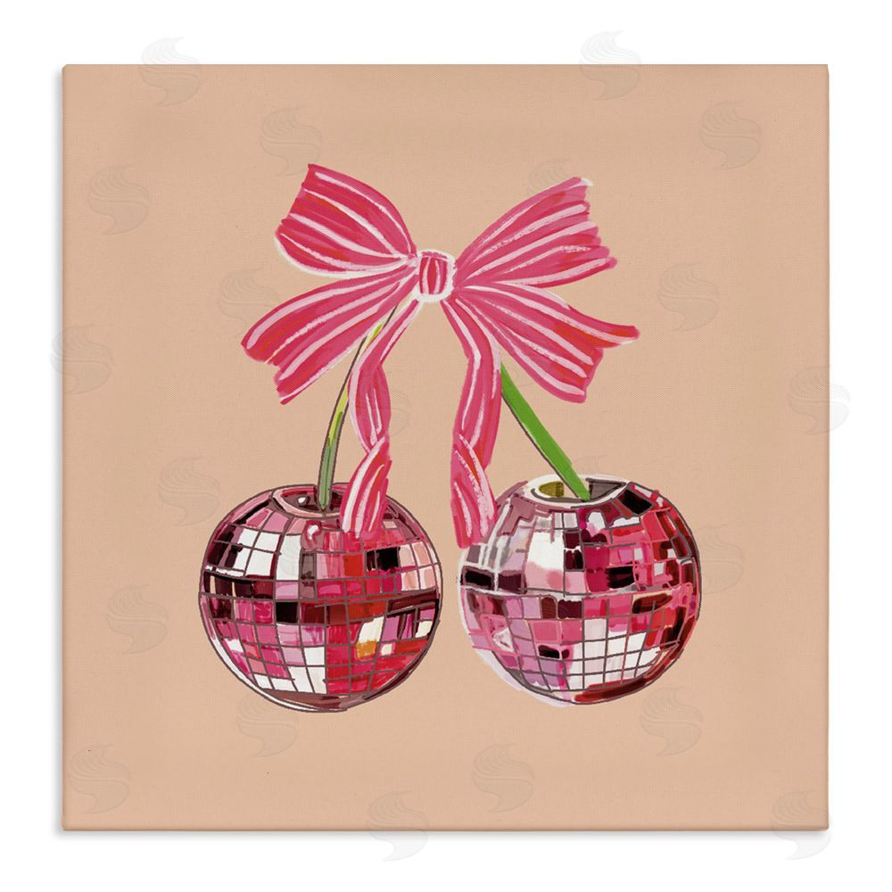 Amelia Noyes Cherries with Pink Bow Stretched Canvas Wall Art Print