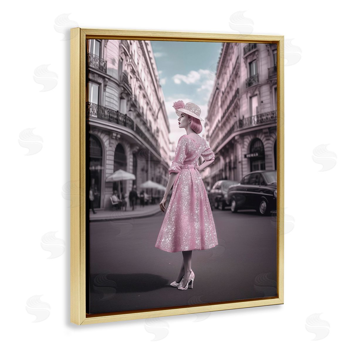 Ziwei Li Vintage Fashion in City Gold Floating Frame Canvas Wall Art Print