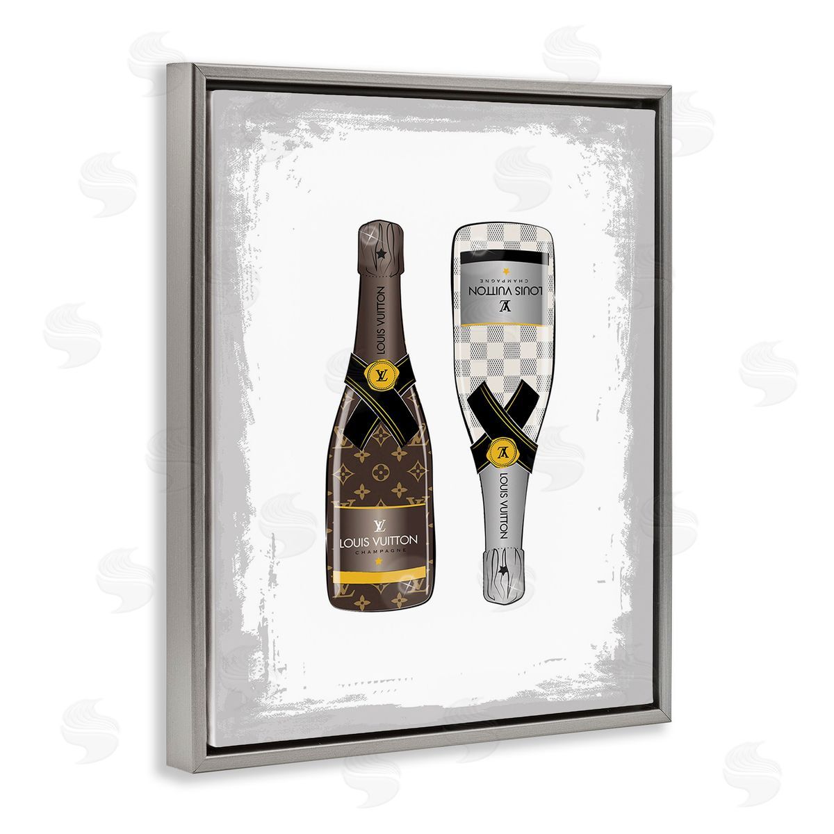 Martina Pavlova Patterned Champagne Bottles Gray Floating Frame Canvas Wall Art Print