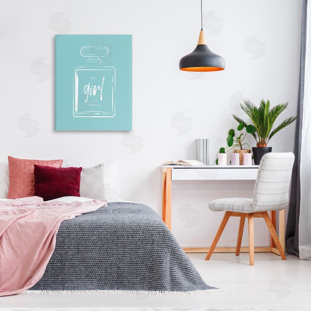 Martina Pavlova Perfume Bottle on Blue Canvas Wall Art Print in Room