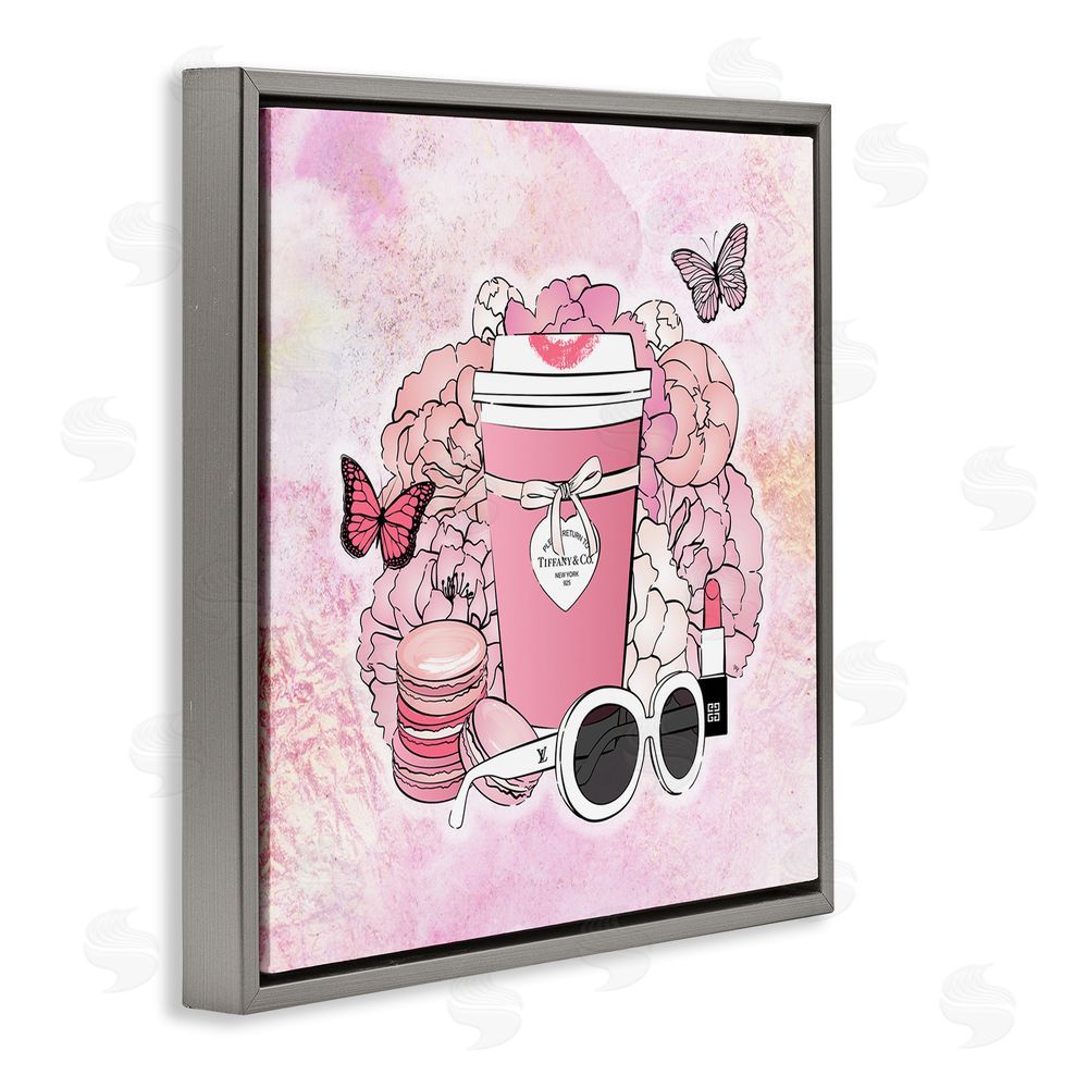 Martina Pavlova Stylish Coffee & Flowers Gray Floating Frame Canvas Wall Art Print