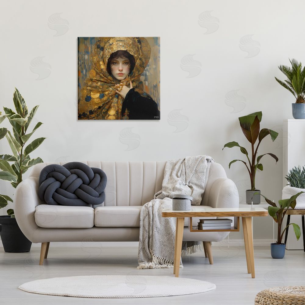 RB Woman in Patterned Gold Canvas Wall Art in Room