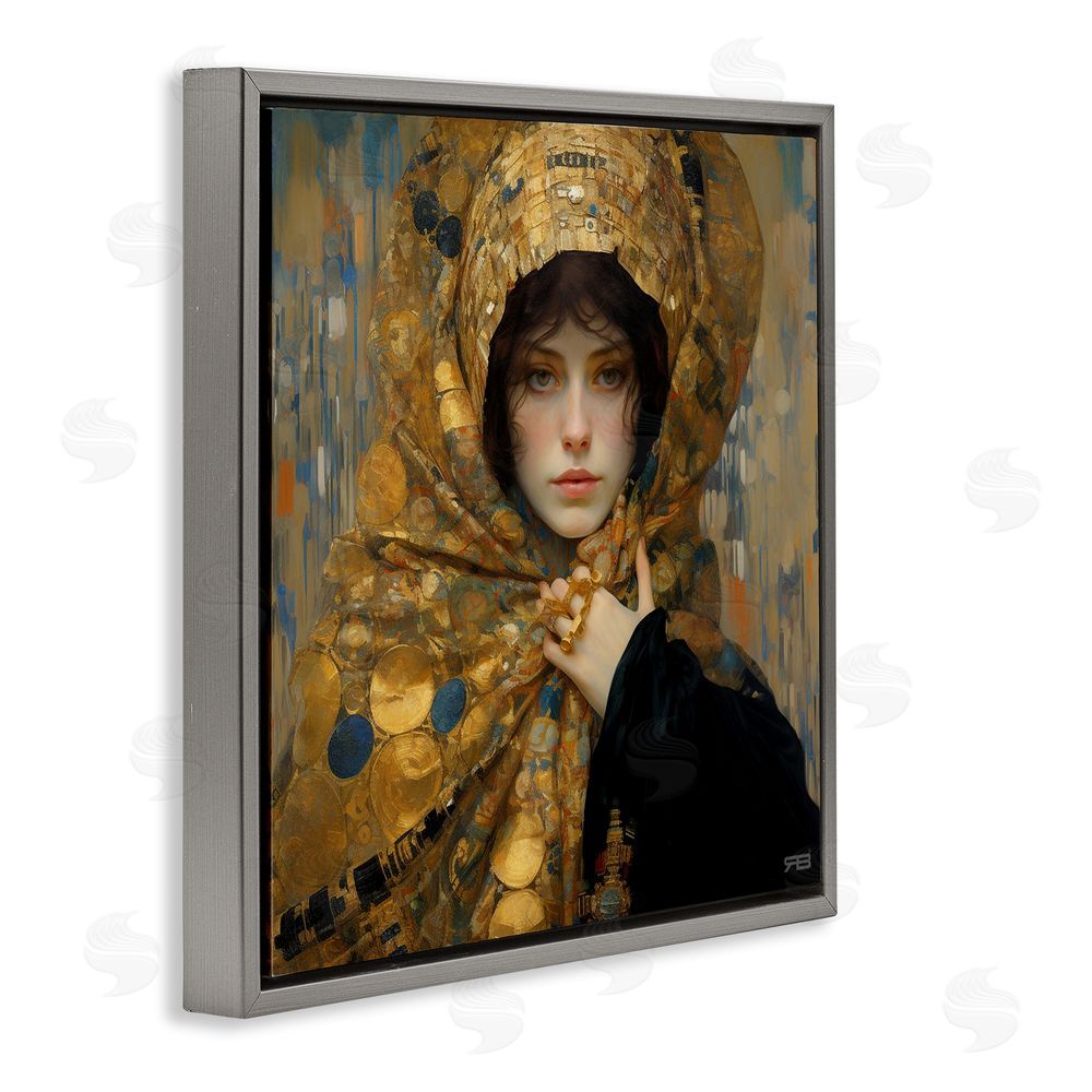 RB Woman in Patterned Gold Gray Floating Frame Canvas Wall Art Print