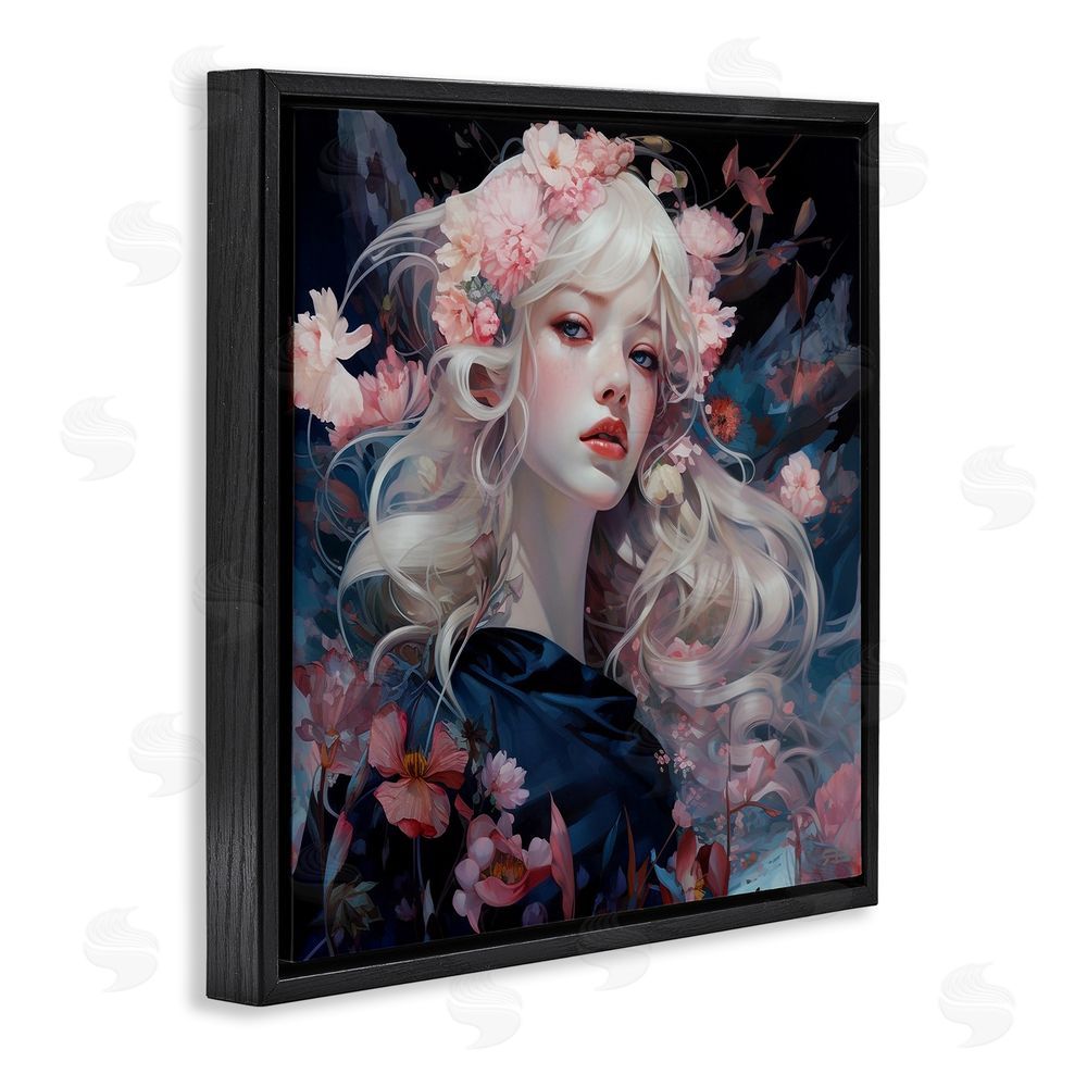 RB Girl with Pink Irises Black Floating Frame Canvas Wall Art Print