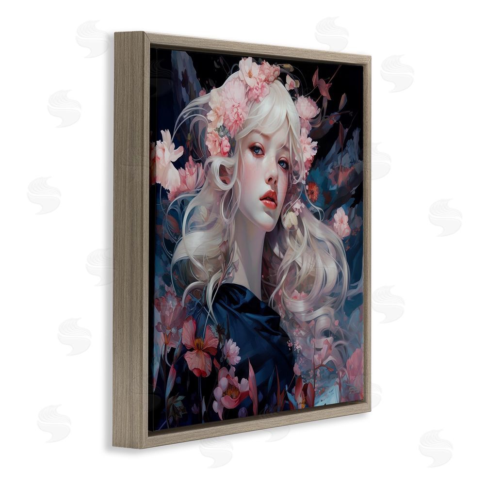 RB Girl with Pink Irises Brown Floating Frame Canvas Wall Art Print