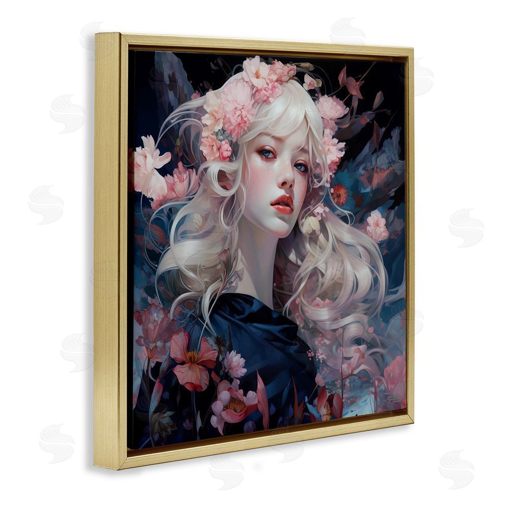RB Girl with Pink Irises Gold Floating Frame Canvas Wall Art Print
