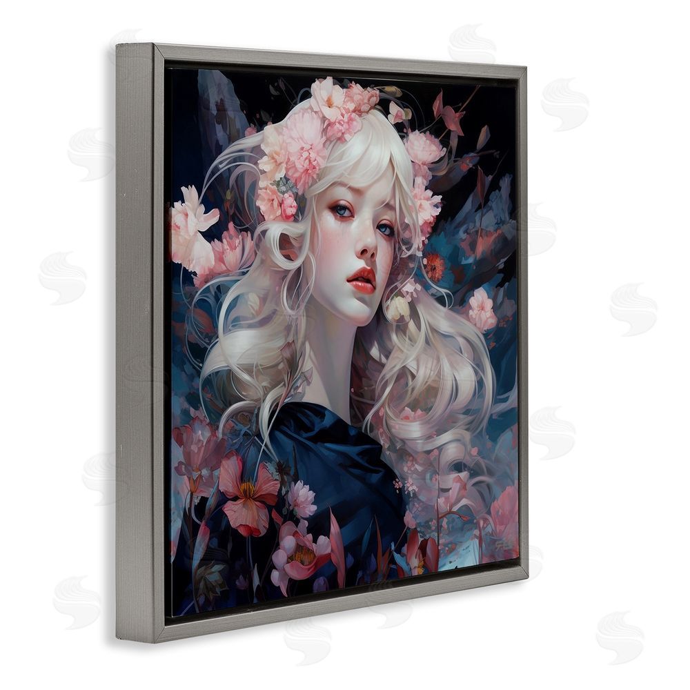 RB Girl with Pink Irises Gray Floating Frame Canvas Wall Art Print