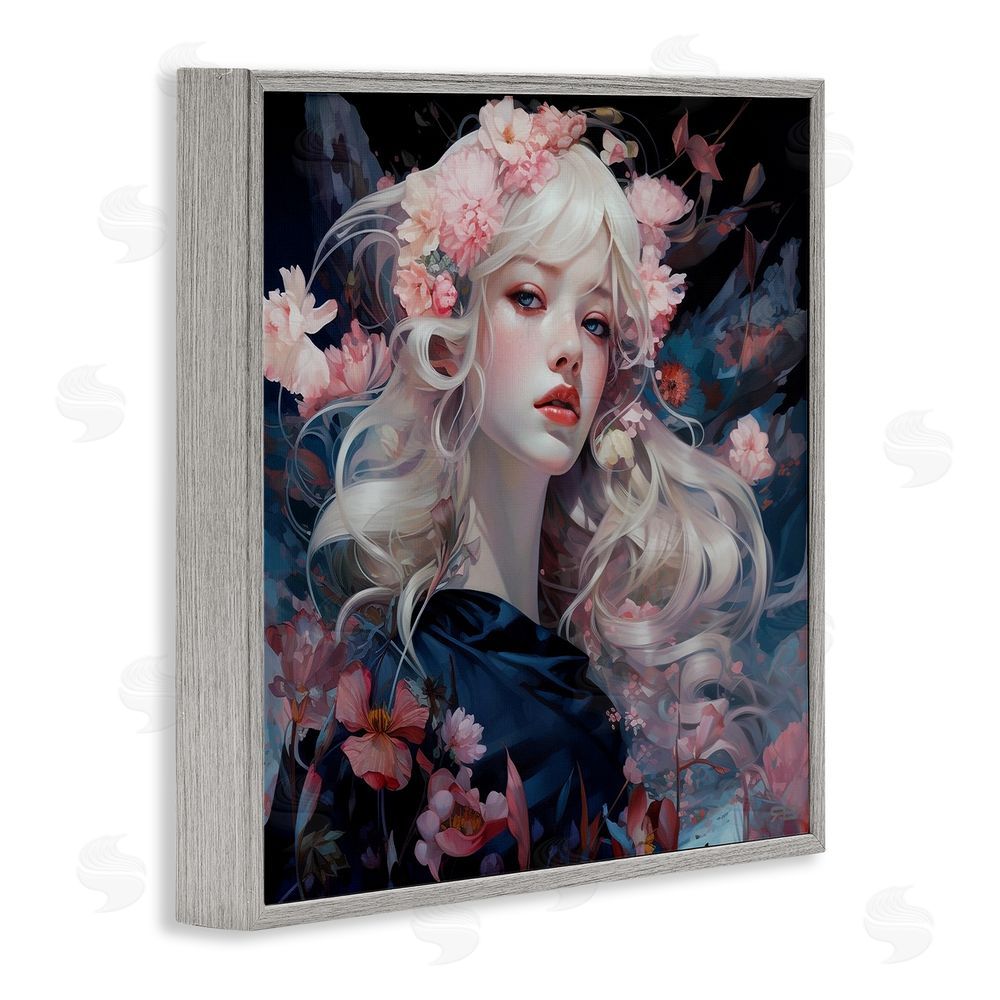 RB Girl with Pink Irises Gray Framed Glicee Wall Art Print