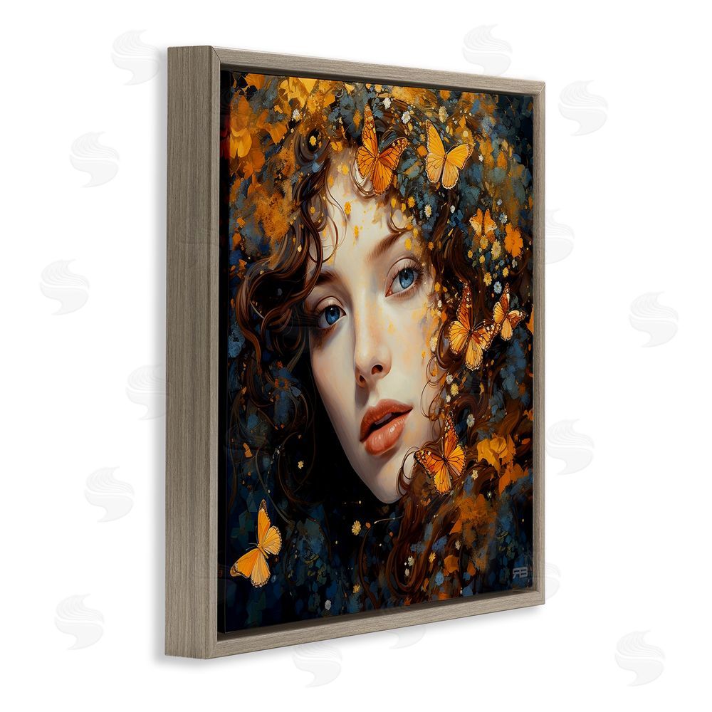 RB Woman with Monarch Butterflies Brown Floating Frame Canvas Wall Art Print