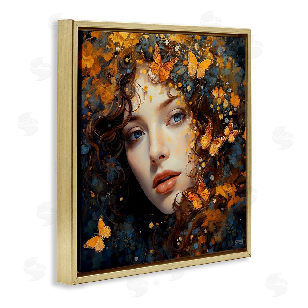 RB Woman with Monarch Butterflies Gold Floating Frame Canvas Wall Art Print