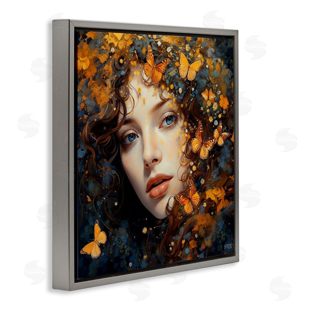 RB Woman with Monarch Butterflies Gray Floating Frame Canvas Wall Art Print