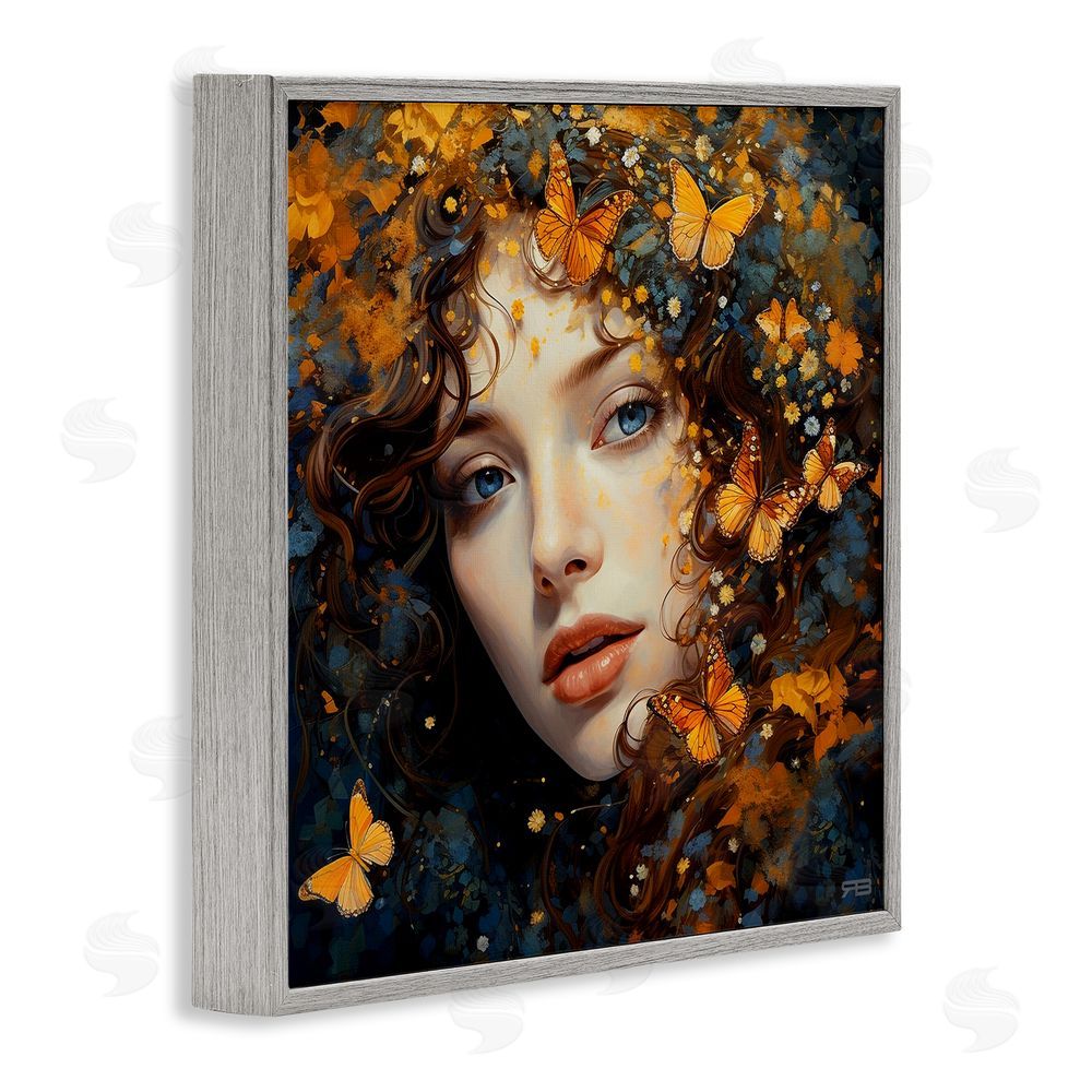 RB Woman with Monarch Butterflies Gray Framed Glicee Wall Art Print