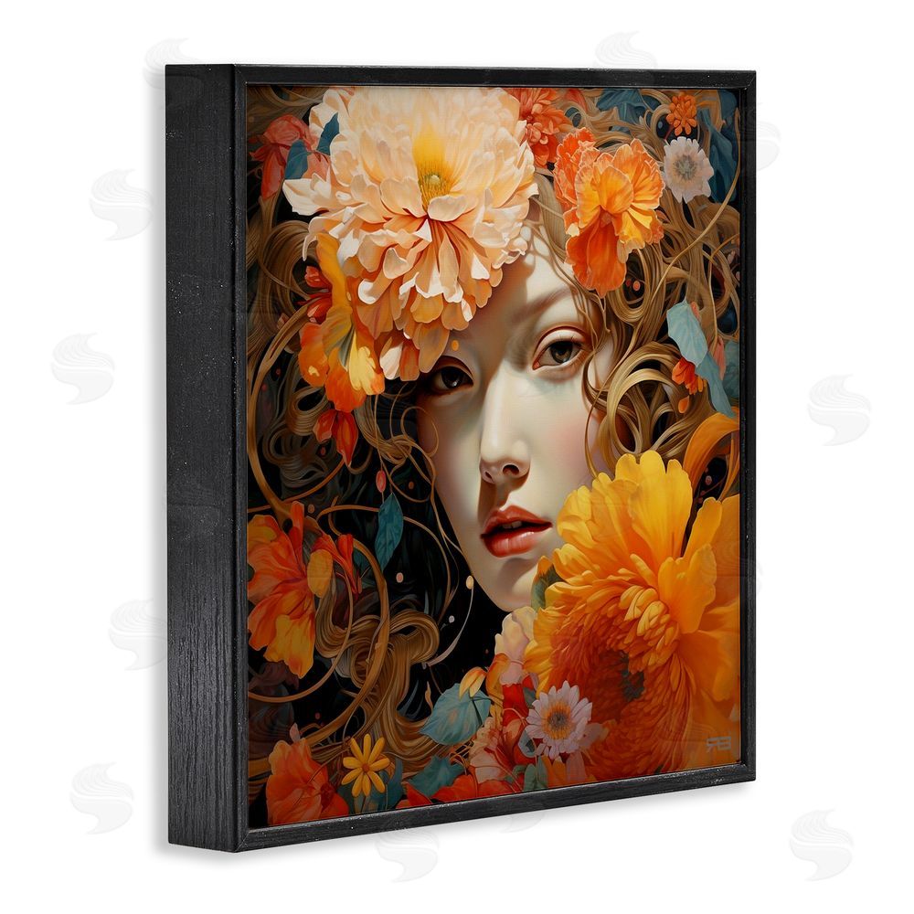 RB Woman & Scattered Blossoms Black Framed Glicee Wall Art Print