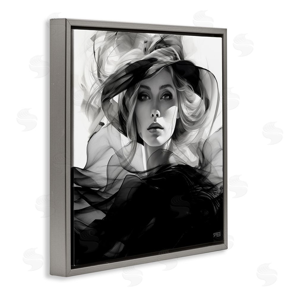 RB Woman & Flowing Fabrics Gray Floating Frame Canvas Wall Art Print