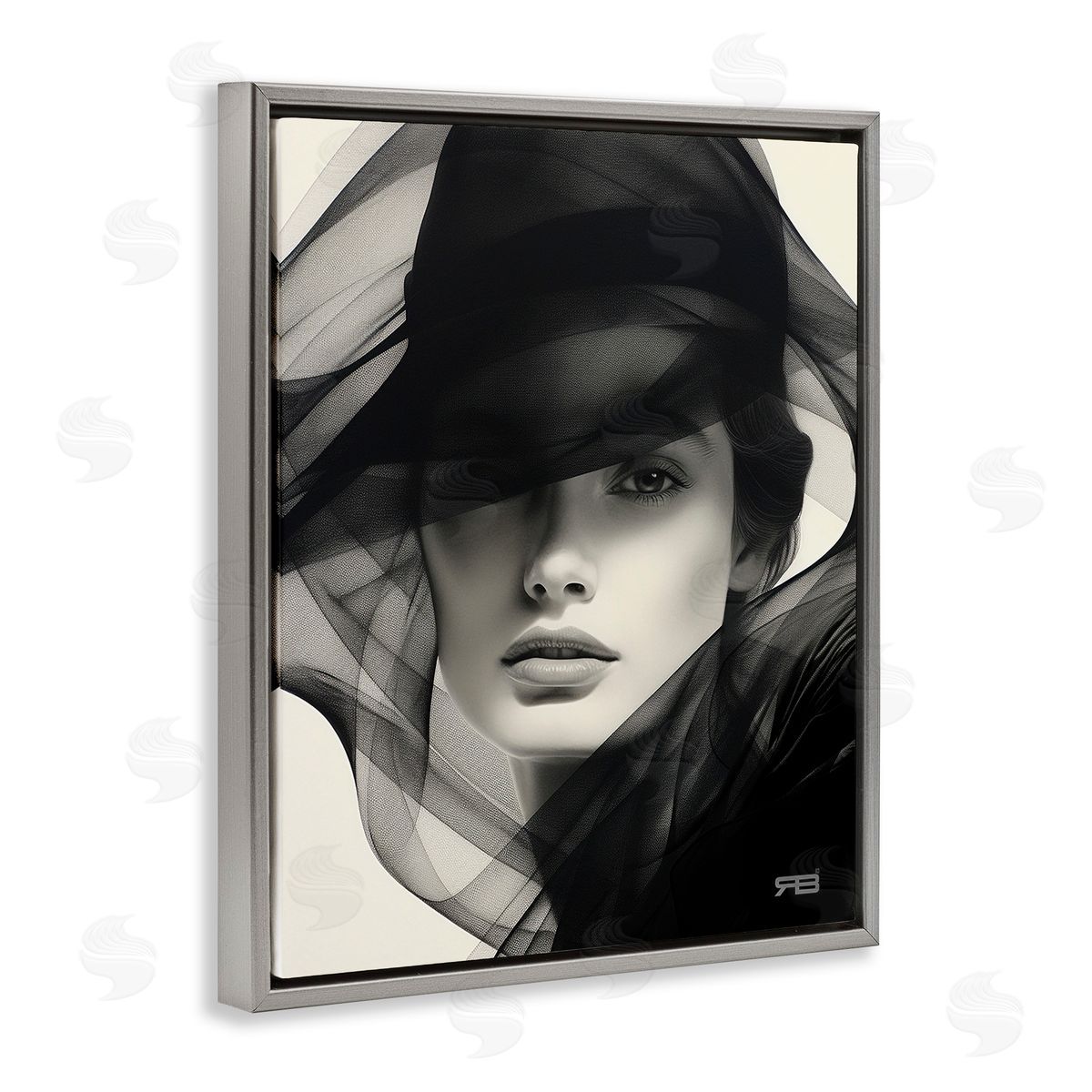 RB Woman with Swirling Hat Gray Floating Frame Canvas Wall Art Print