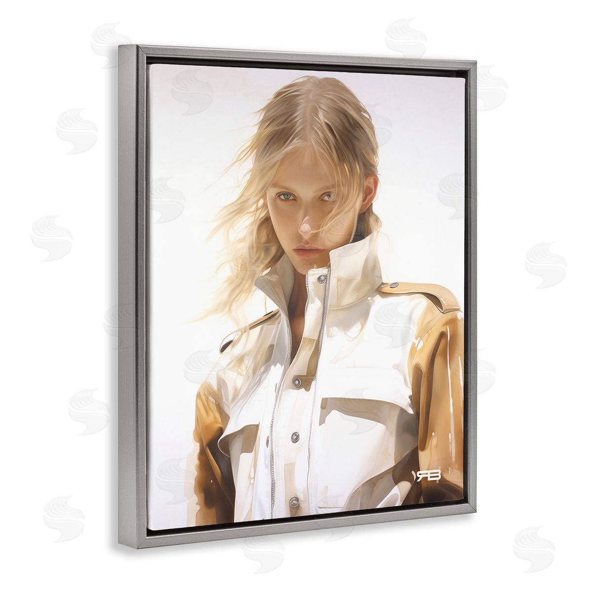 RB Woman in Riding Jacket Gray Floating Frame Canvas Wall Art Print