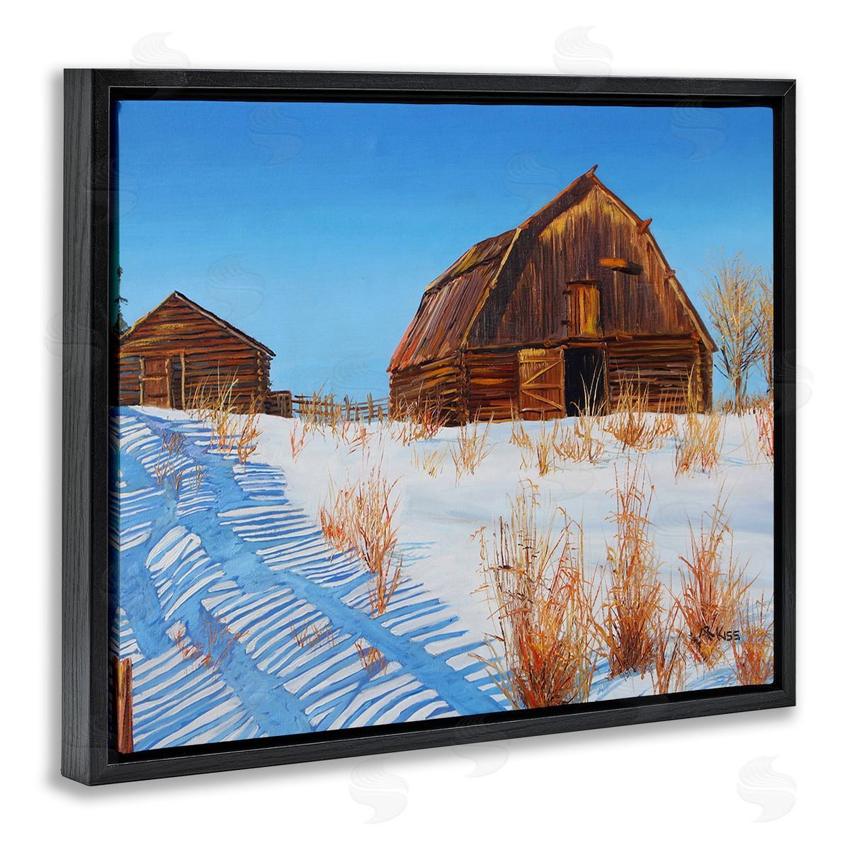 Andrew Kiss Winter Country Barn Black Floating Frame Canvas Wall Art Print