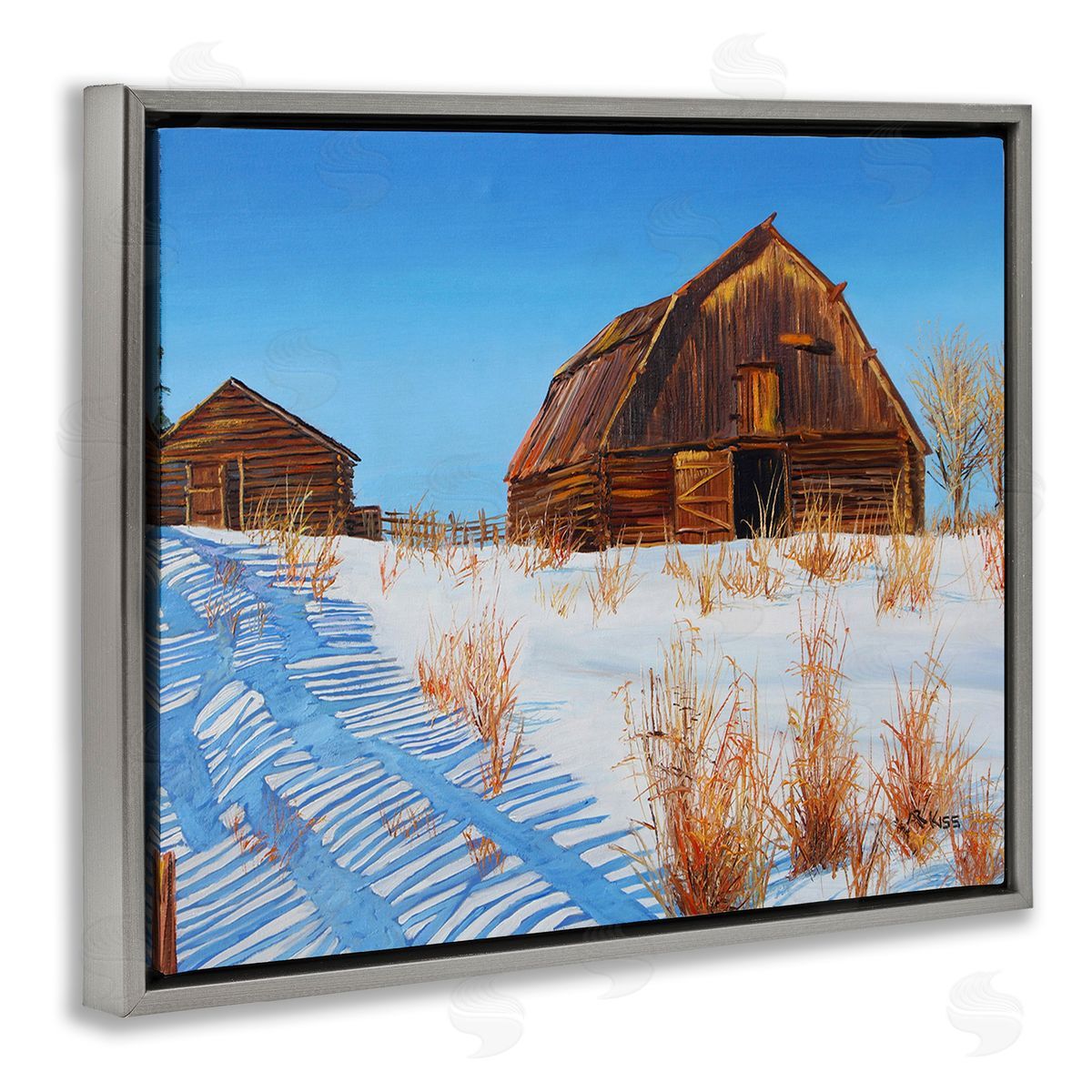 Andrew Kiss Winter Country Barn Gray Floating Frame Canvas Wall Art Print