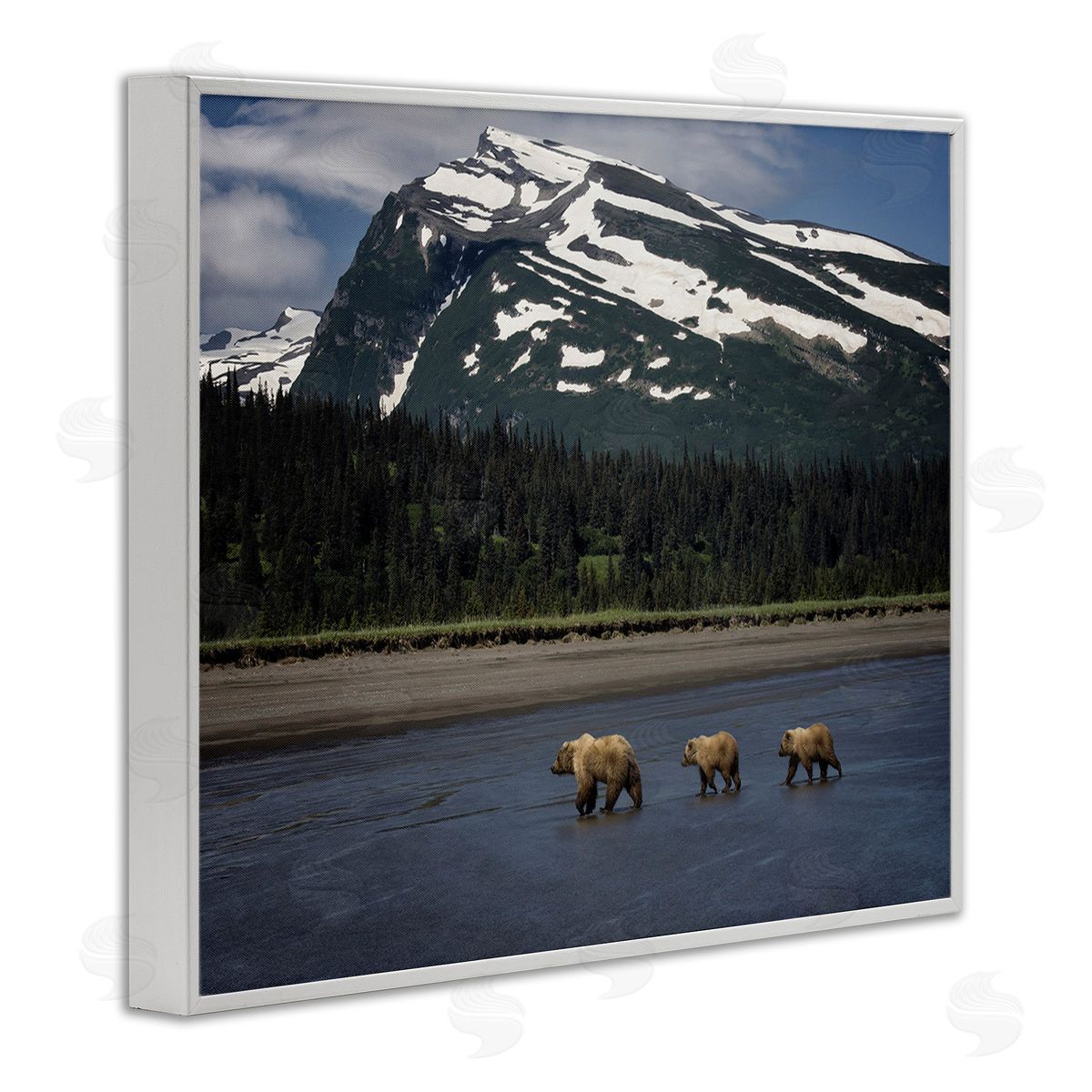 PH Burchett Bears Crossing Icy River White Framed Giclee Wall Art Print
