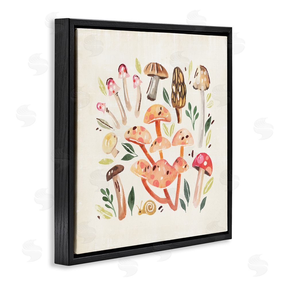 Annie Warren Whimsical Mushrooms & Snail Black Floating Frame Canvas Wall Art Print