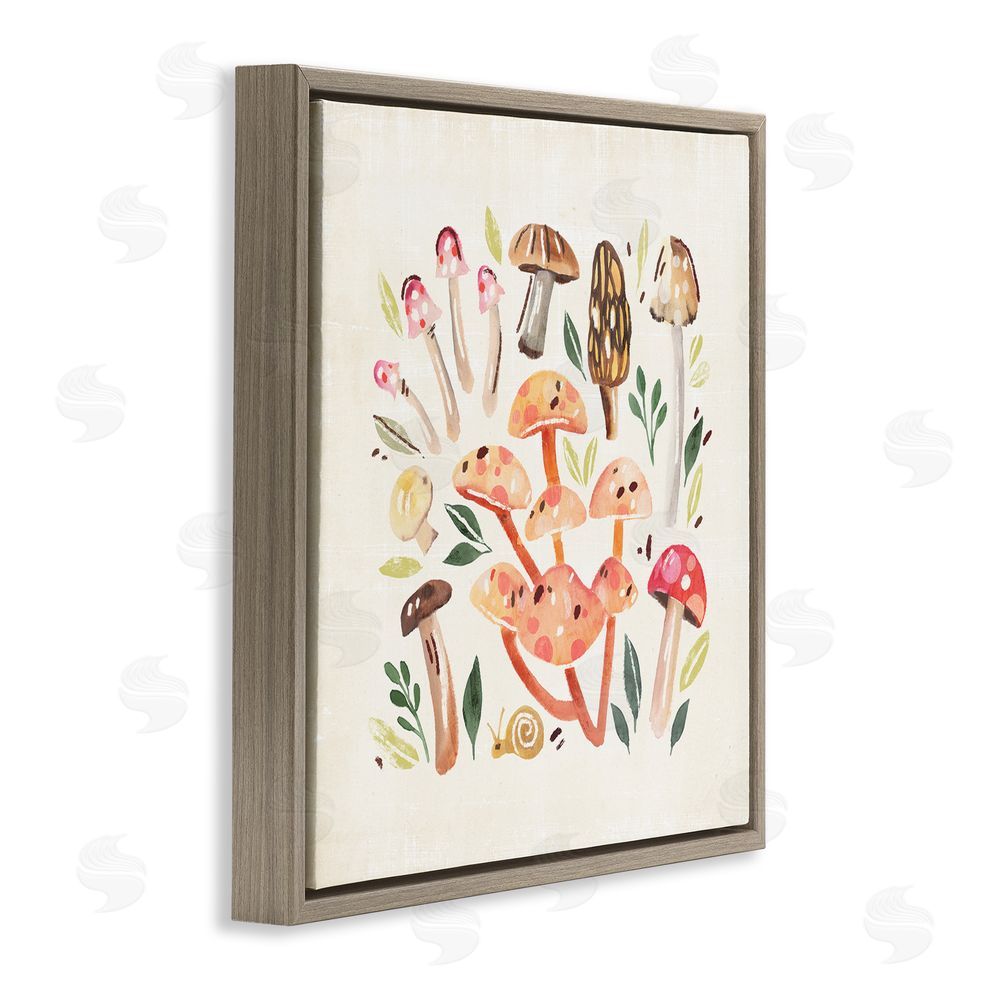 Annie Warren Whimsical Mushrooms & Snail Brown Floating Frame Canvas Wall Art Print