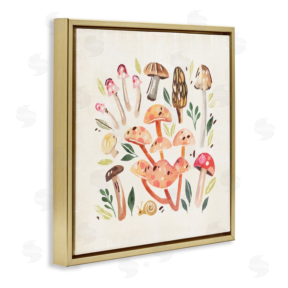Annie Warren Whimsical Mushrooms & Snail Gold Floating Frame Canvas Wall Art Print