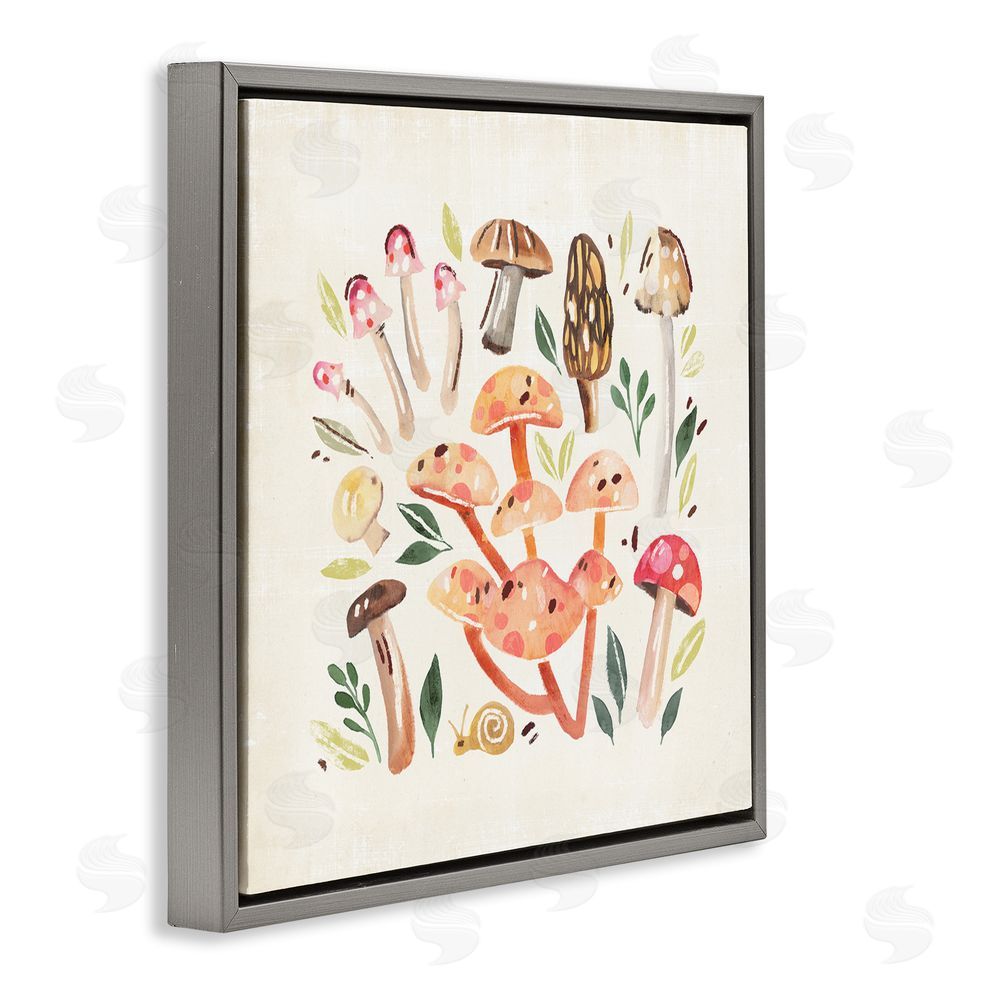 Annie Warren Whimsical Mushrooms & Snail Gray Floating Frame Canvas Wall Art Print