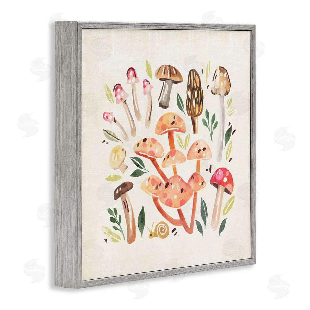 Annie Warren Whimsical Mushrooms & Snail Gray Framed Glicee Wall Art Print