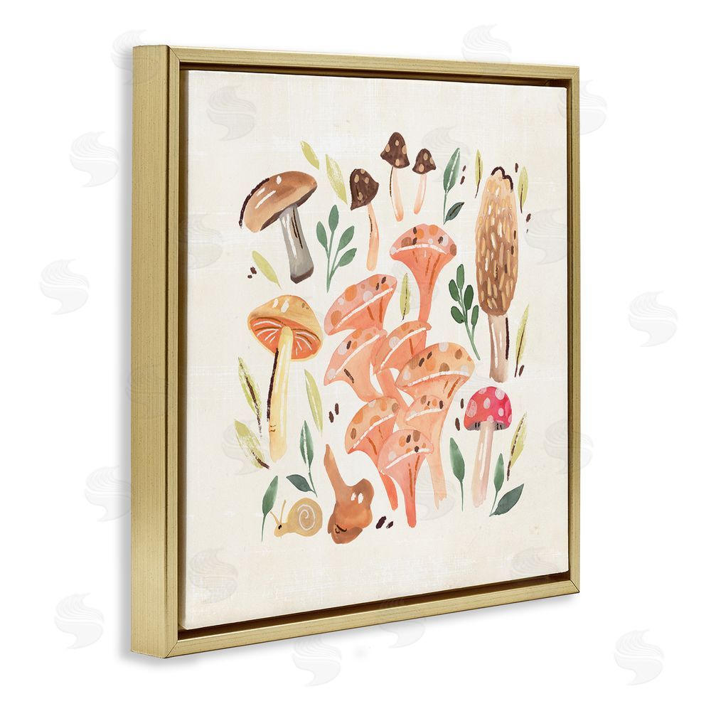Annie Warren Varied Mushrooms & Snail Gold Floating Frame Canvas Wall Art Print