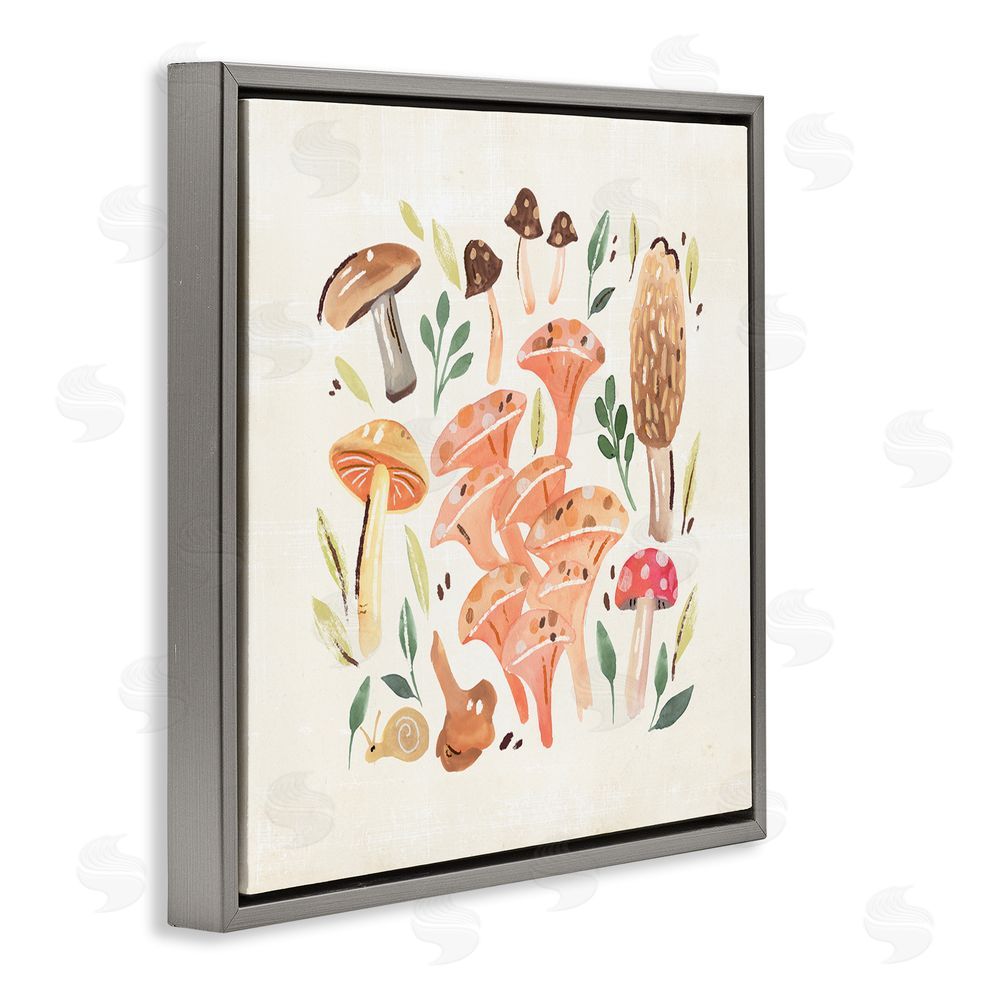 Annie Warren Varied Mushrooms & Snail Gray Floating Frame Canvas Wall Art Print