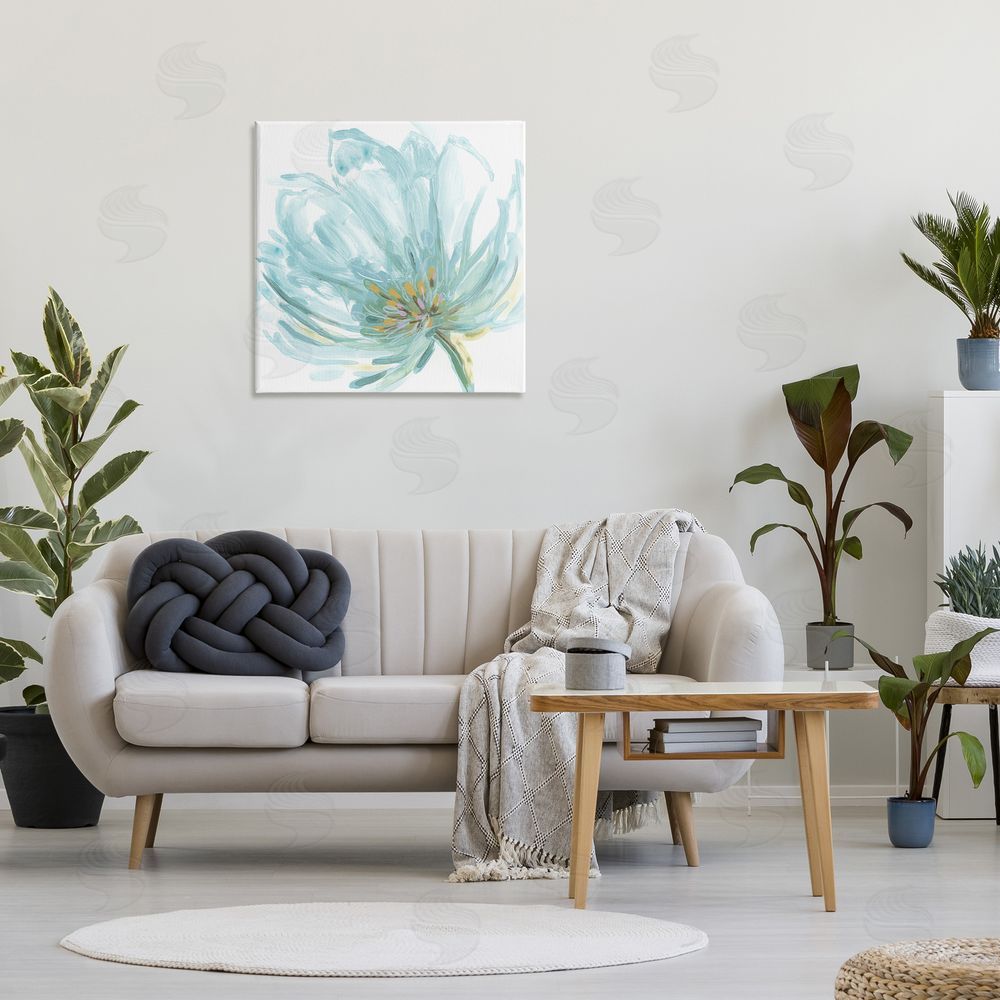 June Erica Vess Soft Blue Abstract Bloom Canvas Wall Art in Room