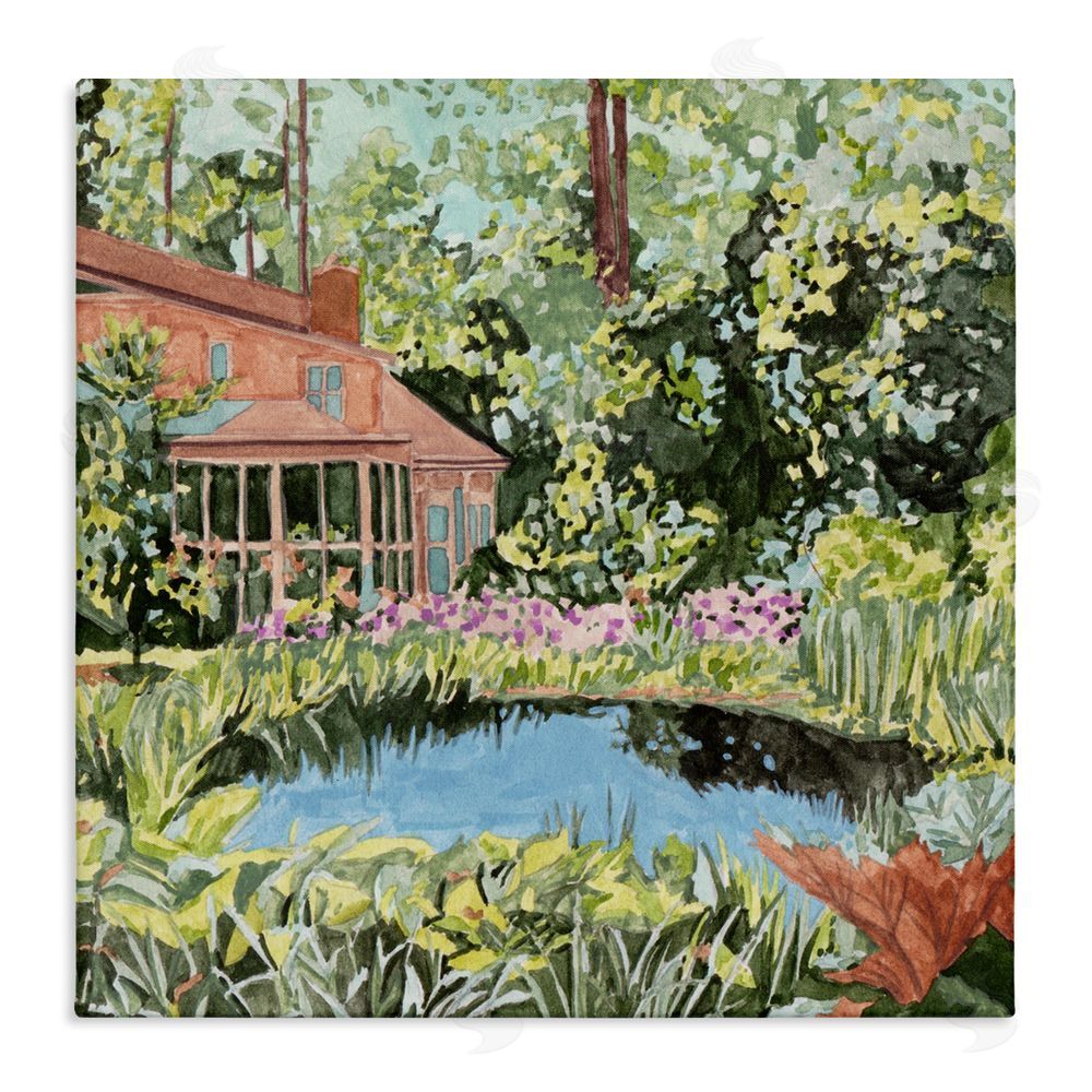 Melissa Wang Cottage with Backyard Pond Stretched Canvas Wall Art Print