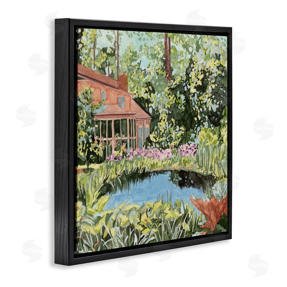 Melissa Wang Cottage with Backyard Pond Black Floating Frame Canvas Wall Art Print