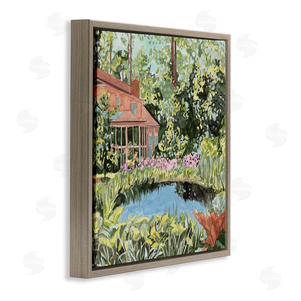 Melissa Wang Cottage with Backyard Pond Brown Floating Frame Canvas Wall Art Print