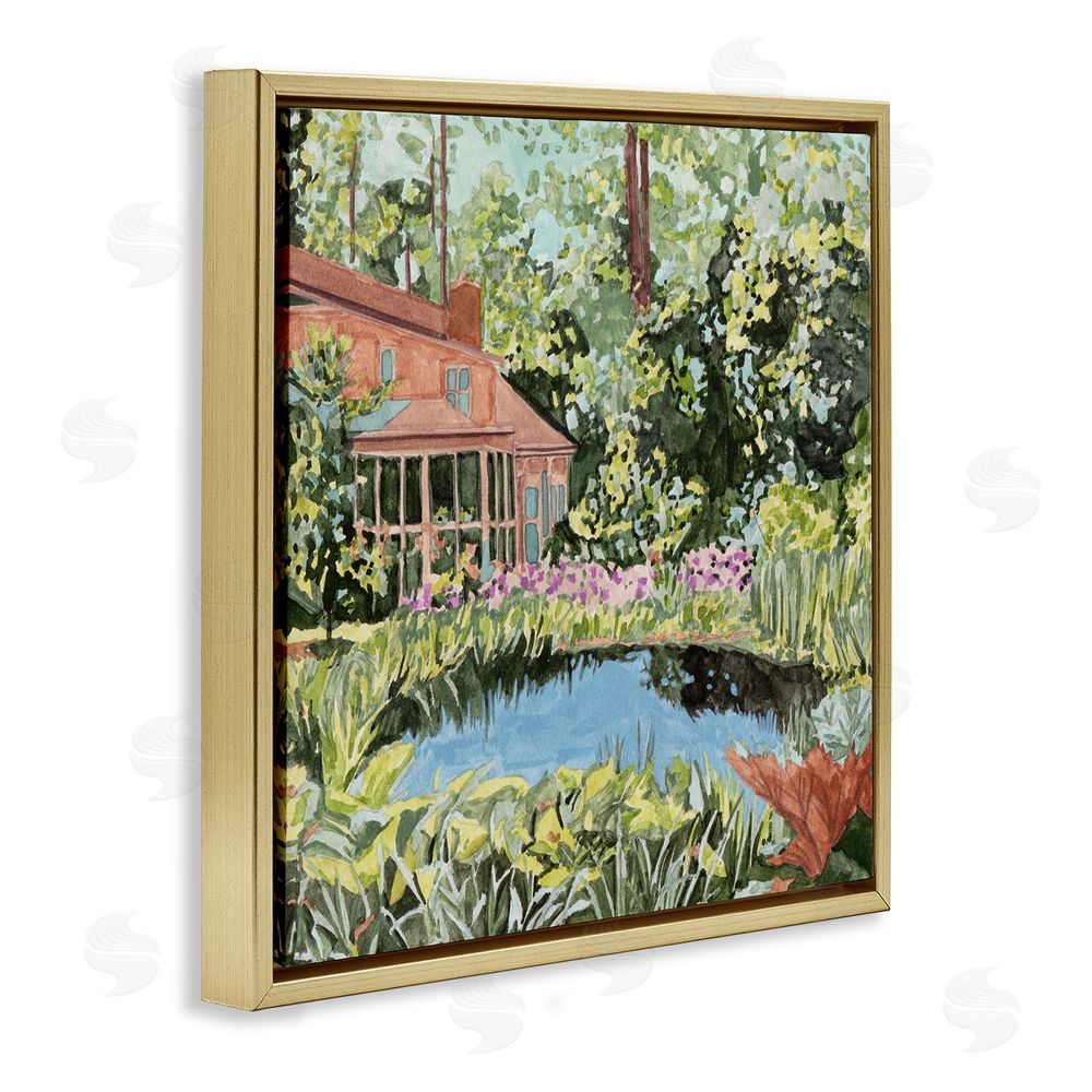 Melissa Wang Cottage with Backyard Pond Gold Floating Frame Canvas Wall Art Print