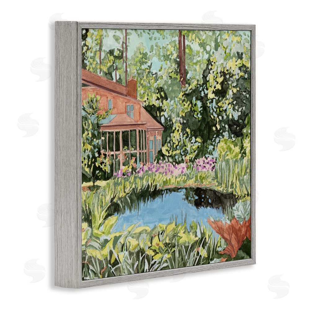 Melissa Wang Cottage with Backyard Pond Gray Framed Glicee Wall Art Print