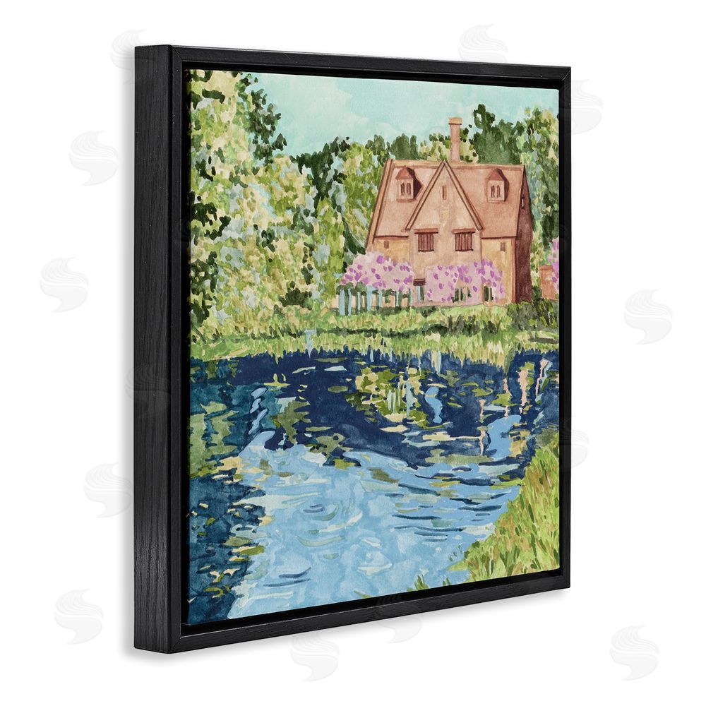Melissa Wang Country Cottage & Pond Black Floating Frame Canvas Wall Art Print