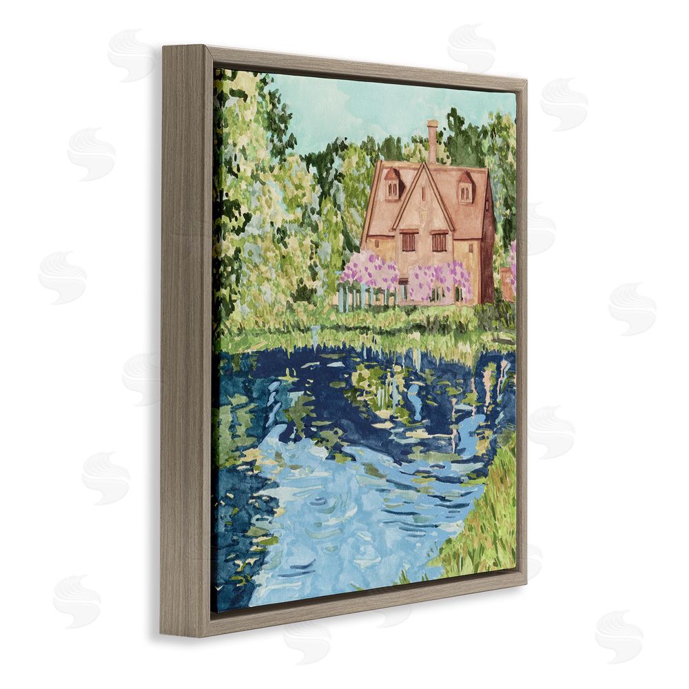 Melissa Wang Country Cottage & Pond Brown Floating Frame Canvas Wall Art Print