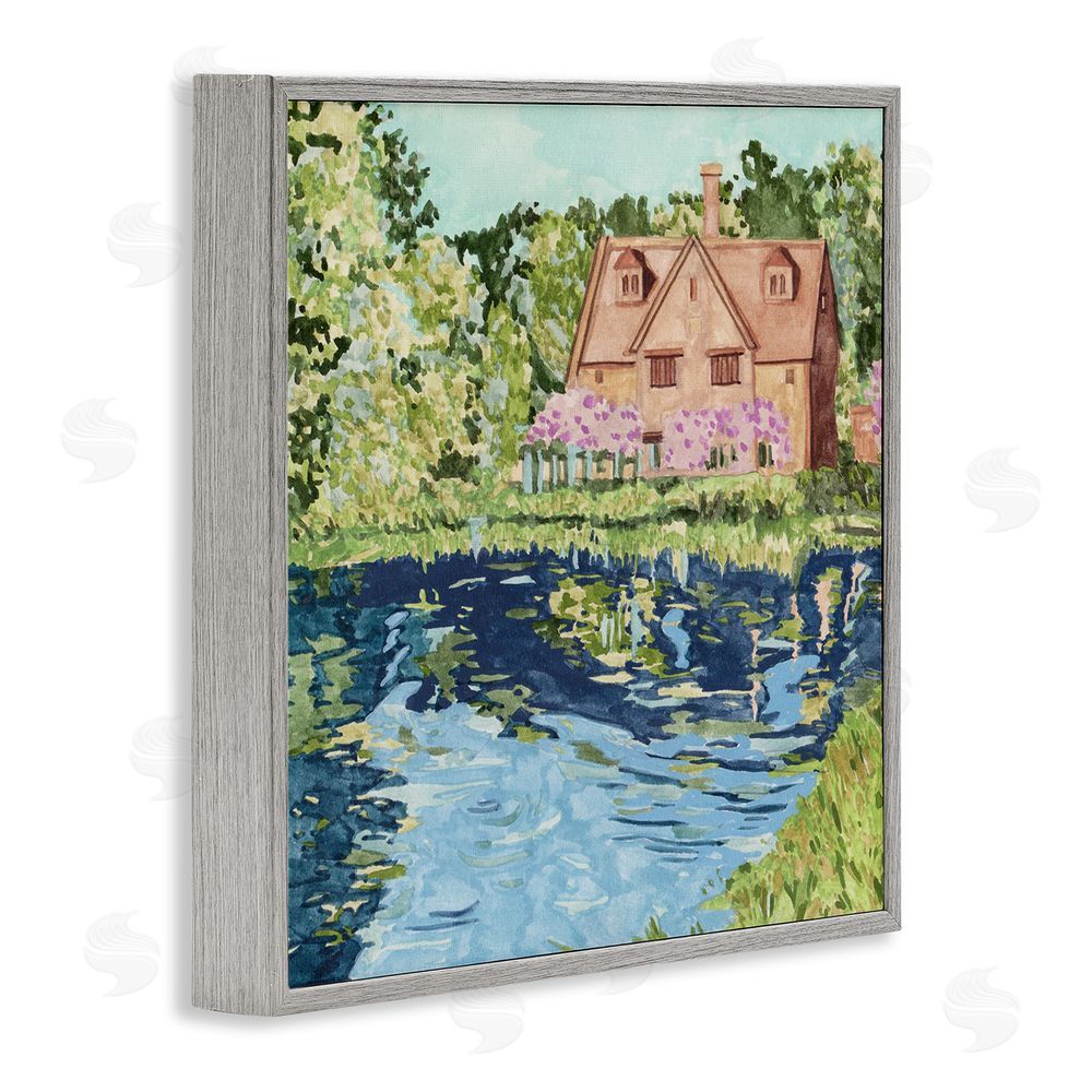 Melissa Wang Country Cottage & Pond Gray Framed Glicee Wall Art Print
