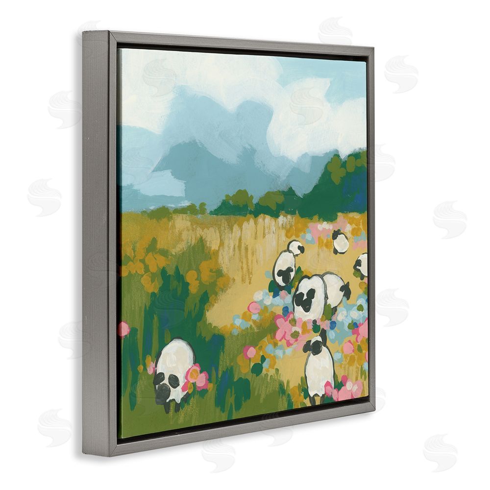 June Erica Vess Abstract Sheep & Flowers Gray Floating Frame Canvas Wall Art Print
