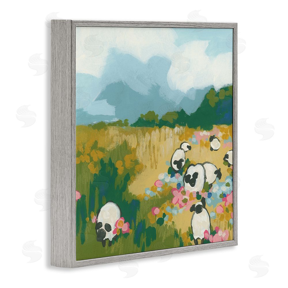 June Erica Vess Abstract Sheep & Flowers Gray Framed Giclee Wall Art Print