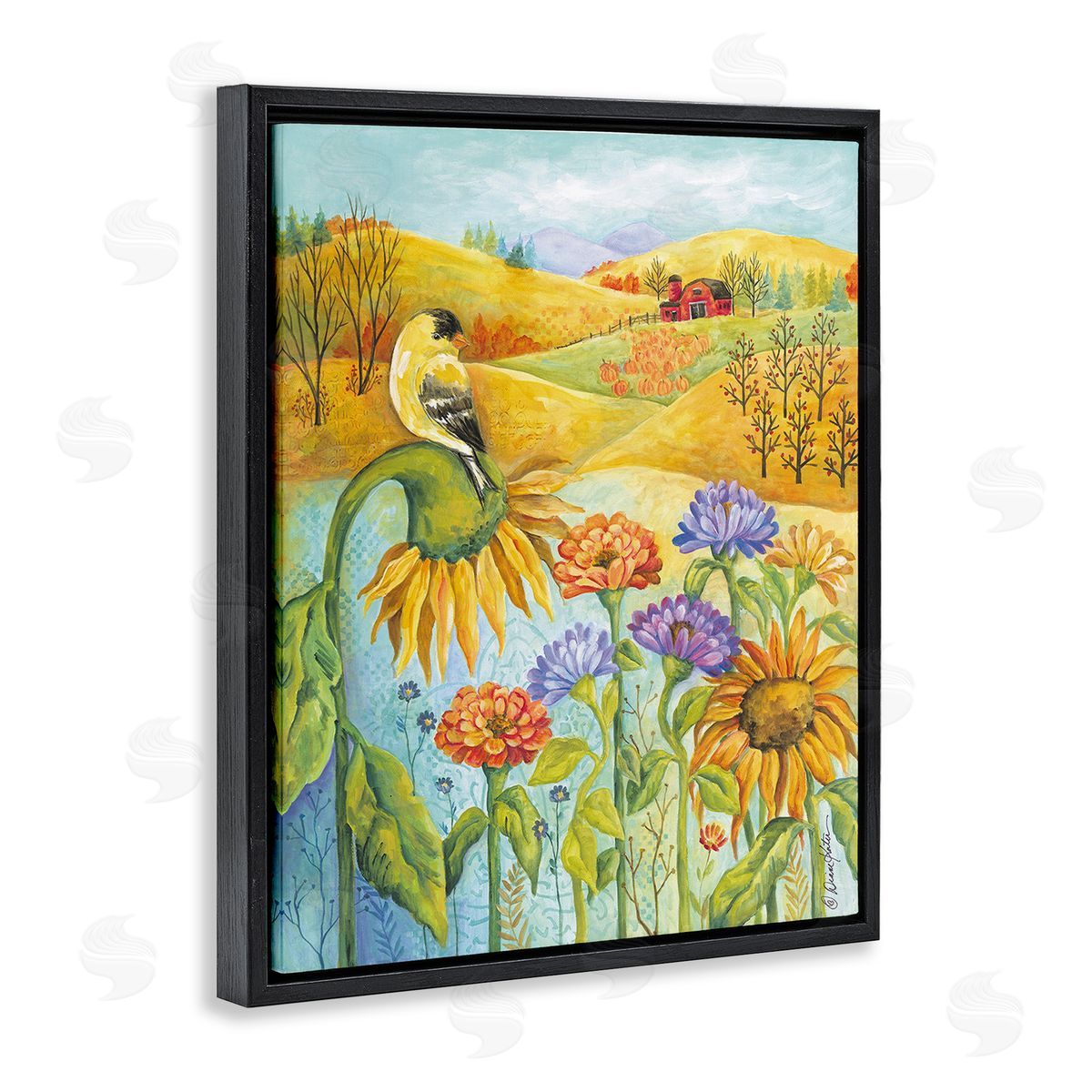 Diane Kater Bird Perched at Farm Black Floating Frame Canvas Wall Art Print