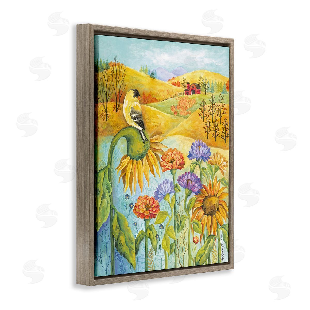 Diane Kater Bird Perched at Farm Brown Floating Frame Canvas Wall Art Print