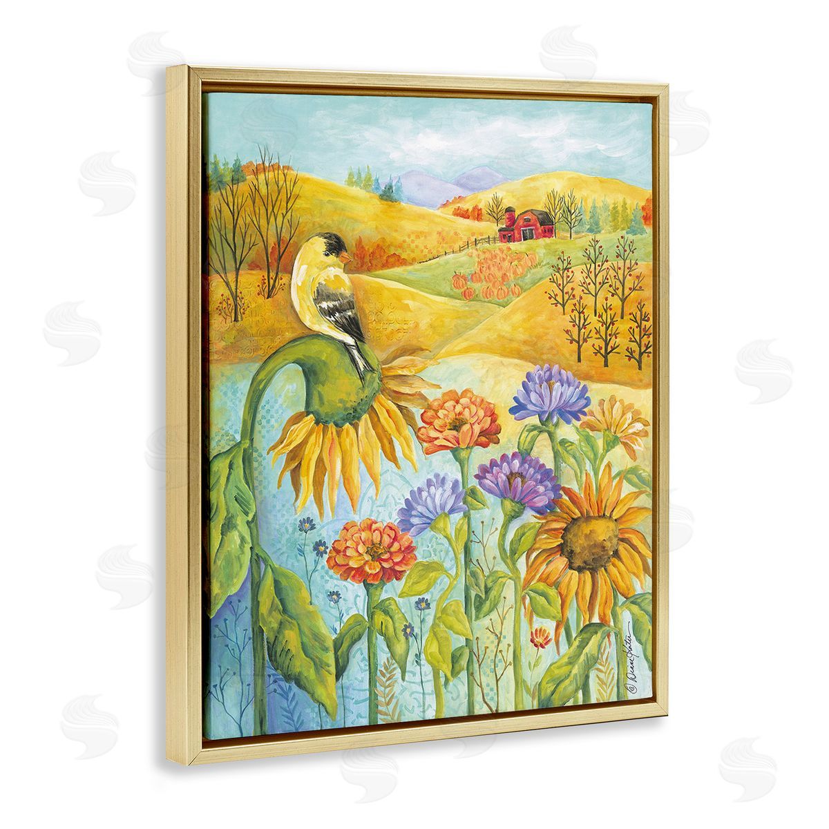 Diane Kater Bird Perched at Farm Gold Floating Frame Canvas Wall Art Print