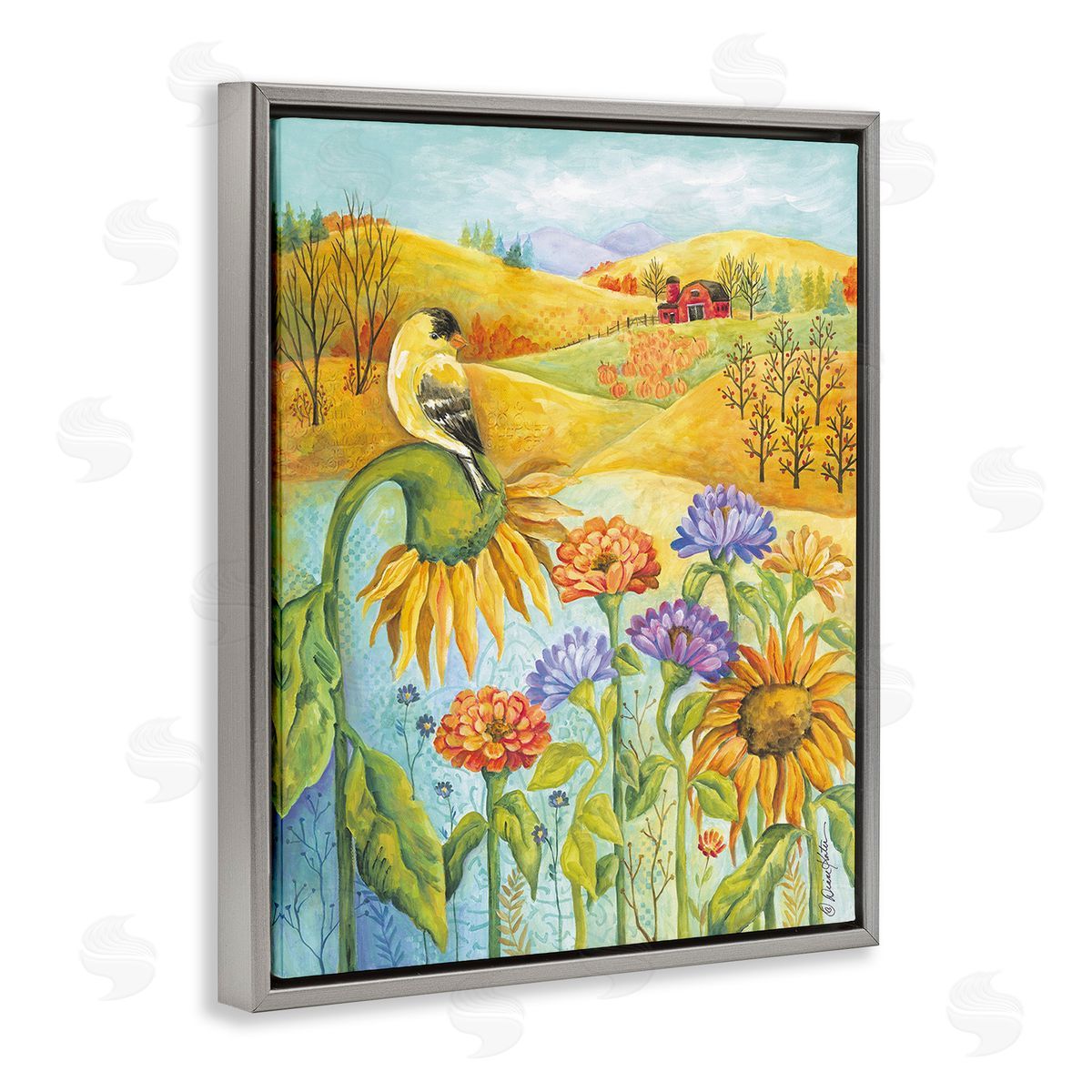 Diane Kater Bird Perched at Farm Gray Floating Frame Canvas Wall Art Print